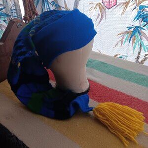 Vintage Hand-Knit Elf Hat 1970's Hippy Blue Nordic Pattern With Yellow Tassel